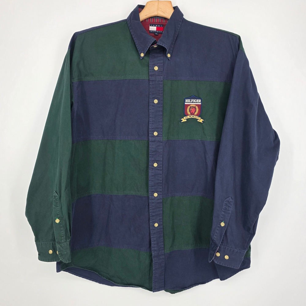 Vintage Tommy Hilfiger Colorblock Button Down Shirt Navy Green Crest Mens Medium
